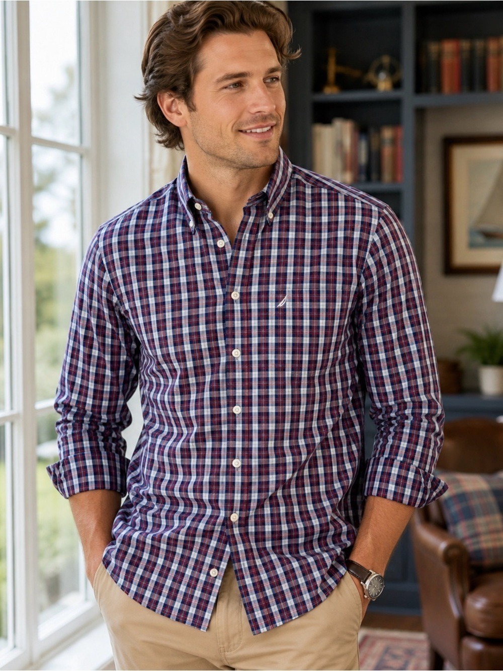NAUTICA CLASSIC PLAID BUTTON DOWN SHIRT XL RED WHITE BLUE PREPPY  LIGHT COTTON